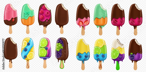 Collection of colorful fruit ice cream popsicles and chocolate-dipped frozen desserts on sticks.
