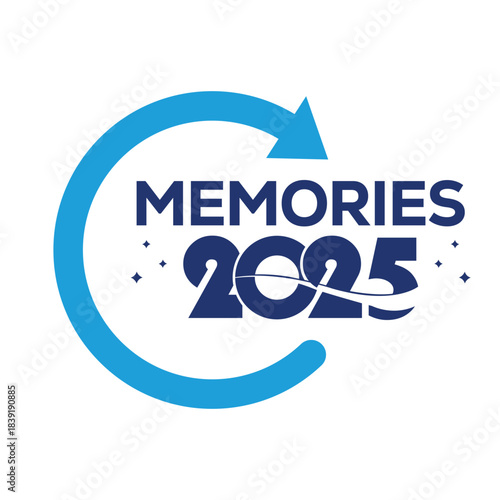 Playful “Memories 2025” logo with bold blue lettering, sparkling decorative stars and a dynamic circular arrow, ideal for new year events, photo albums, scrapbooks, celebration branding and marketing.