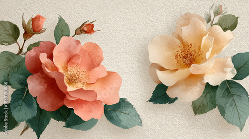 Two watercolor roses with soft petals and green leaves sit on a light background, forming an elegant, delicate composition.
