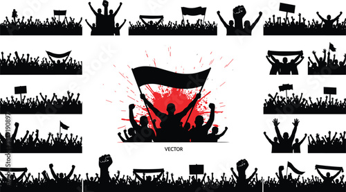 Passionate Black Silhouette Crowd Cheering, Raising Hands, Banners, Flags, and Fists in Protest, Celebration, Rally, or Concert Vector Set Isolated Against White Background Design