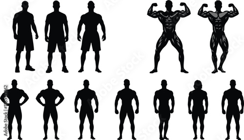 Muscular Human Silhouette Set: Bodybuilding, Fitness, and Strength Training Vector Collection for Health, Wellness, and Athletic Achievement Graphics Design