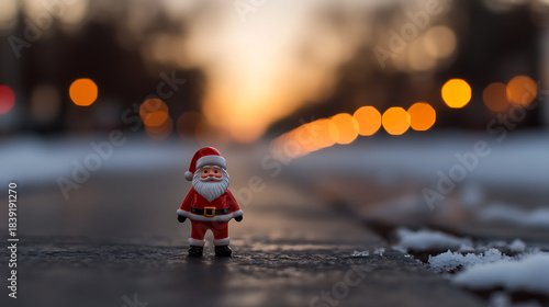 Fototapeta Naklejka Na Ścianę i Meble -  Festive cheer with a Santa Claus figurine on a snowy path, warm light softly illuminating the background. Celebrate holiday magic and winter wonder.
