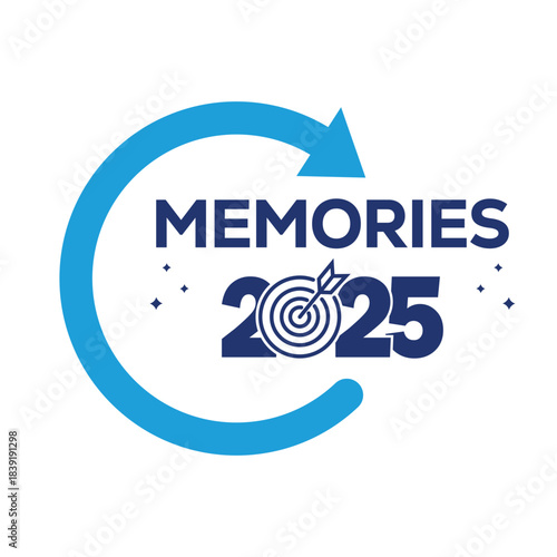 Playful “Memories 2025” logo with bold blue lettering, sparkling decorative stars and a dynamic circular arrow, ideal for new year events, photo albums, scrapbooks, celebration branding and marketing.