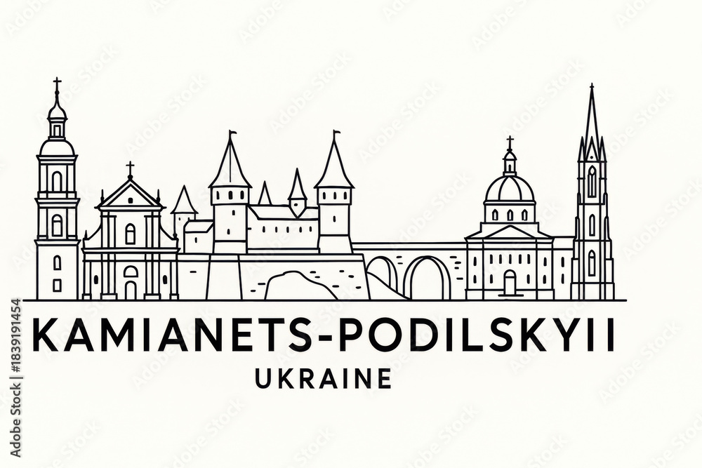 Fototapeta premium Kamianets-Podilskyi. Ukraine Panorama.black and white logo illustration
