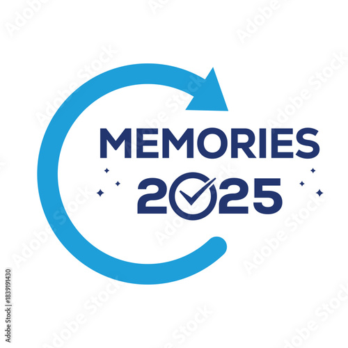 Playful “Memories 2025” logo with bold blue lettering, sparkling decorative stars and a dynamic circular arrow, ideal for new year events, photo albums, scrapbooks, celebration branding and marketing.
