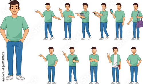 Young woman emotional expression set, happy, excited, shocked, crying, angry, thumbs up, various feelings, and gesture cartoon avatar illustration.
