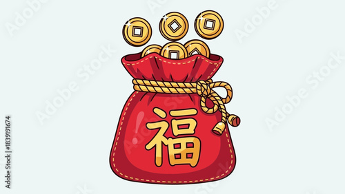 Prosperity Pouch: A vibrant red pouch brimming with golden coins, symbolizing wealth and good fortune.