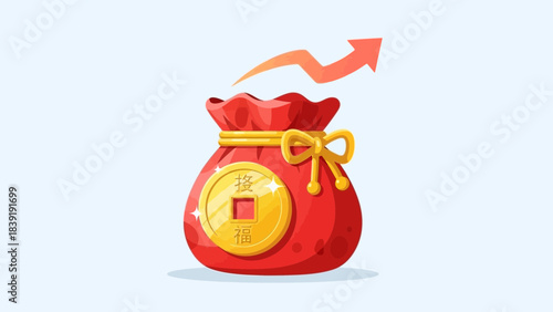 Golden Treasure and Rising Prosperity: A vibrant red bag brimming with gold coin, adorned with an arrow, symbolizes financial growth and abundance. 