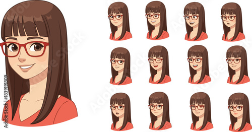 Young woman with glasses face avatar set, various emotional expressions, winking, smiling, confident, curious, student, and friendly facial expression illustration.