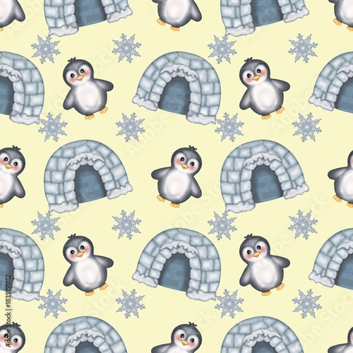 Seamless pattern Cute penguins collection in winter Hand drawn watercolor illustration. For labels, paper, textiles on yellow background.