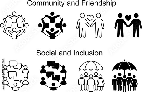 Community and Friendship Icon Collection Outline Set: Outline icons depicting community, communication, inclusion, and equality concepts, ideal for infographics and social awareness materials.