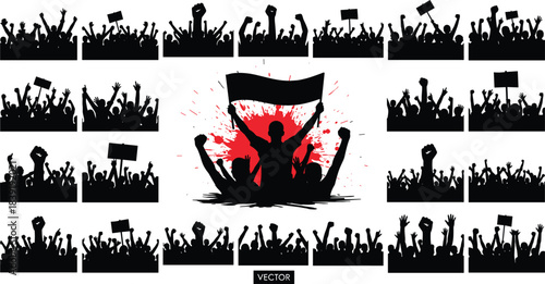 Silhouettes of Excited Protesting Crowd Raising Fists and Hands High for Democracy Freedom Justice or Music Festival Concert Rally Banner Vector Illustration of Energetic People on White