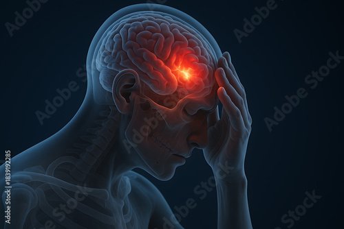 Medical illustration showing human brain anatomy with highlighted stroke and pain region