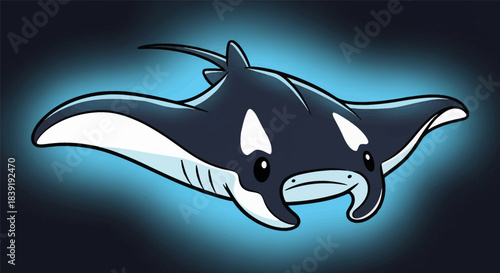 Cartoon illustration of a majestic manta ray swimming gracefully in the ocean depths.