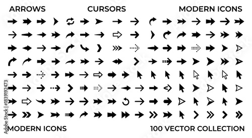 Essential collection of 100 modern black arrows and cursor icons for dynamic user interface design navigation