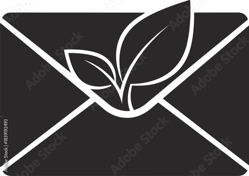 Black envelope icon with white stylized leaves emerging from the flap mail letter.