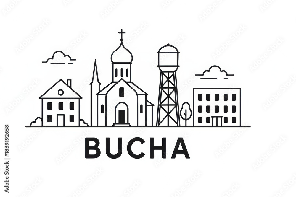 Fototapeta premium Bucha. Ukraine Panorama.black and white logo illustration