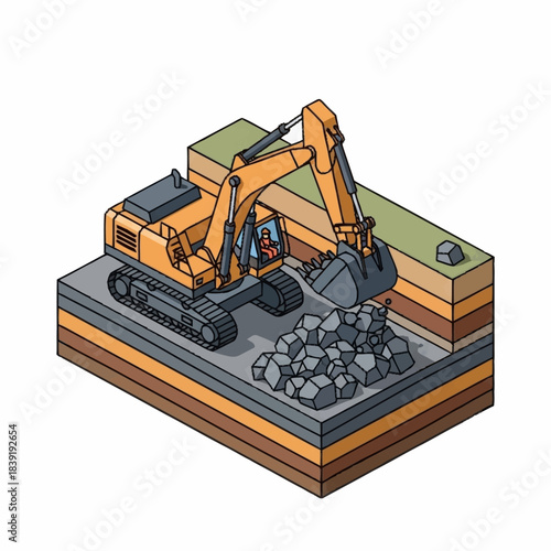 Isometric Excavator Machine Digging Rocks in Construction Site.