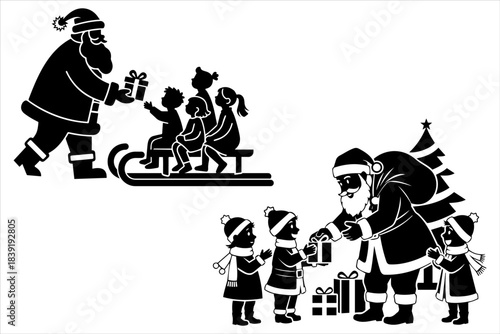 Santa Claus giving surprise gifts to children vector silhouette design. Christmas day festival celebration with Santa and children. Children taking gifts from Santa silhouette illustration.