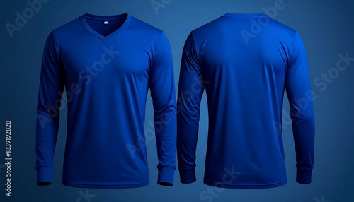 A deep blue long-sleeved shirt is displayed, showcasing both front and back views with a v-neck design