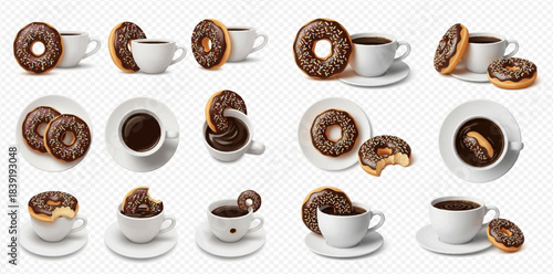 Set of chocolate donuts and coffee cups in various arrangements, isolated on transparent background.