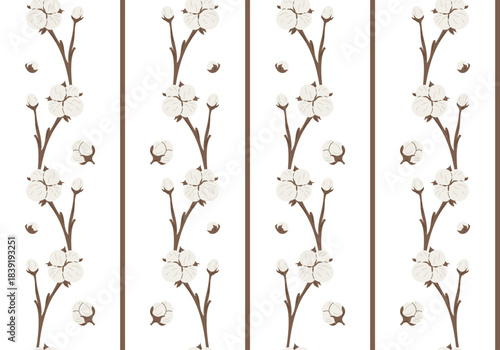 Vertical cotton stem seamless pattern with botanical stripes on white background