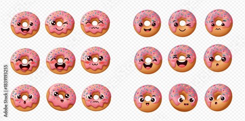 Set of cute cartoon donuts with various facial expressions, sweet pink glazed dessert characters.