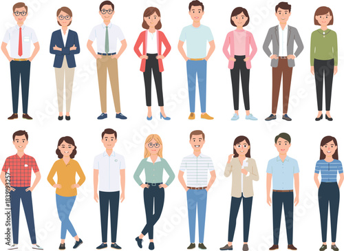 Cartoon character set with diverse casual and business-casual outfits for workplace, lifestyle, and educational themes.