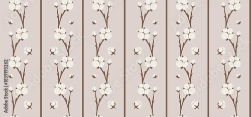 Vertical cotton branch seamless pattern with soft botanical stripes on light background