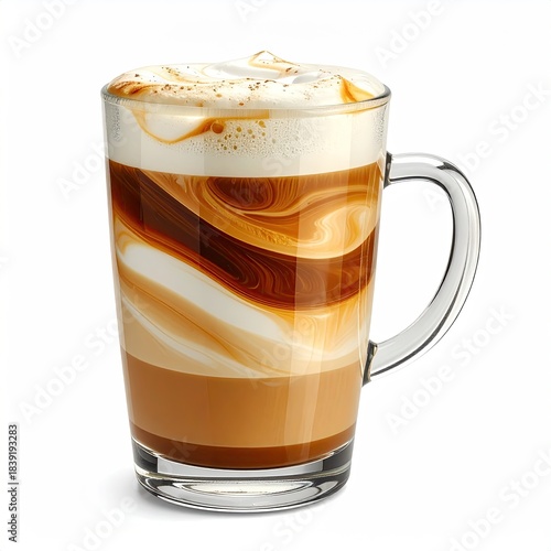 A tall glass mug of layered coffee drink.  Foamed milk topping.  Intricate swirled pattern.  Clear glass