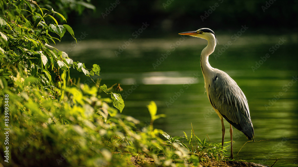 Fototapeta premium Great blue heron standing in grassy wetland wildlife scene.