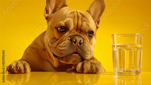 Beautiful, purebreed french bulldog lisking food from transparent glass againt vivid yellow background. Cute muzzle. Concept of domestic animal, care,