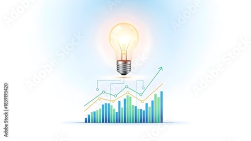 Glowing light bulb illuminating a rising bar and line graph, a modern vector illustration symbolising innovation, business growth and financial success concepts.