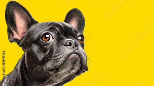 Beautiful, purebreed french bulldog lisking food from transparent glass againt vivid yellow background. Cute muzzle. Concept of domestic animal, care,