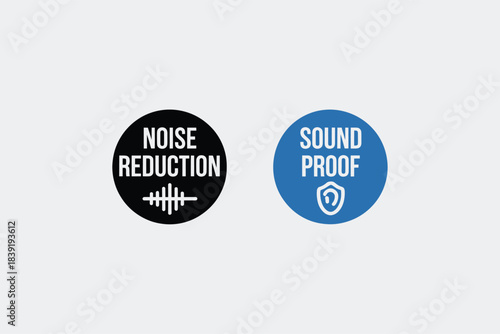 Noise Reduction and Sound Proof Icons in Minimalist Design with Simple Typography on Contrasting Backgrounds for Audio Technology