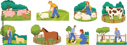 Cartoon farm scene with animals, farmers, and fenced areas for agriculture, education, and rural lifestyle themes.