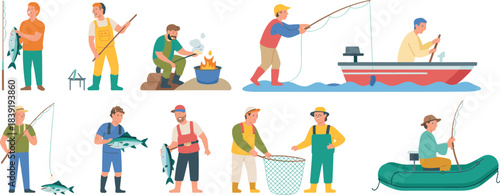 Cartoon fishing activity set with diverse characters, gear, and boats for outdoor, recreational, and educational nature themes.
