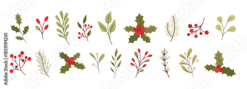 Winter botanical branches set with holly leaves, berries and festive greenery