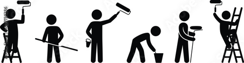 Cartoon painter silhouette set with diverse poses, tools, and ladders for renovation, teamwork, and home improvement themes.