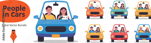 Cartoon people in cars bundle with pets, diverse passengers, and colorful vehicles for travel, lifestyle, and media themes.