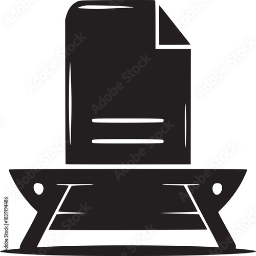 A black and white illustration of a document shredder with a paper document on top of it