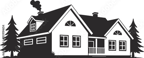 Cartoon suburban house illustration with garage, porch, chimneys, and pine trees for architecture, lifestyle, and seasonal themes.