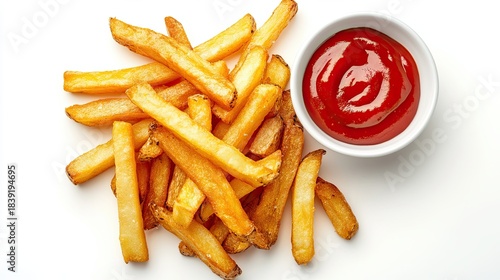 French fries and ketchup on white background, top view