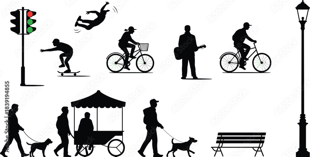 Fototapeta premium Cartoon urban activity silhouette set with bikes, skateboards, dogs, vendor cart, and street elements for city lifestyle themes.