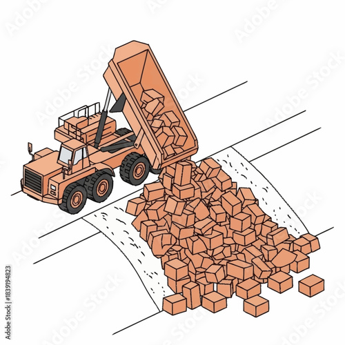 Heavy-duty dump truck unloading a pile of rocks.