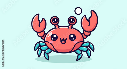 Cute cartoon crab with big eyes and claws, smiling happily, bubbles floating.