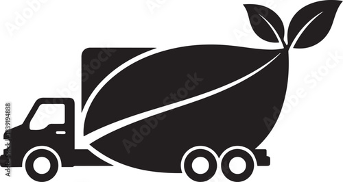 Black silhouette of a cement mixer truck with a leaf shape on its drum and two leaves at the back concrete mixer.