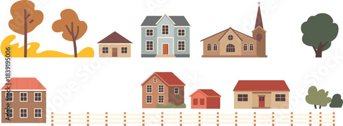 Cartoon village and neighborhood scene with houses, trees, and church for residential, seasonal, and educational themes.