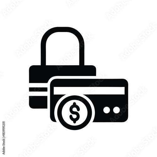 A black padlock secures a stylized credit card displaying a prominent dollar sign icon