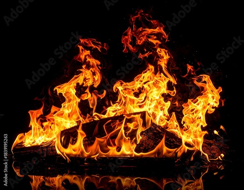 Bright orange fire burning on wood logs, flames licking upwards on a black background; warm and intense
